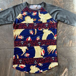 LuLaRoe Unisex S Red/Blue/Gray ‘Eagle and Crest’ Patriotic Randy Raglan Size XS